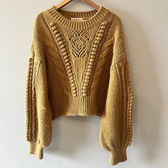 Anthropologie Sweaters - Anthropologie Mustard Yellow Cable Knit Crewneck Sweater XL